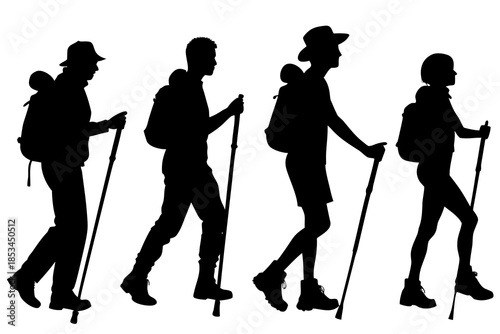 set of Person hiking with walking stick silhouette vector illustration isolated on white background