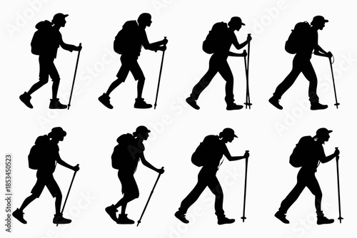Person hiking with walking stick pack silhouette vector illustration isolated on white background