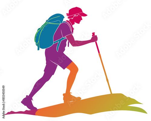 Person hiking with walking stick silhouette vector illustration isolated on white background