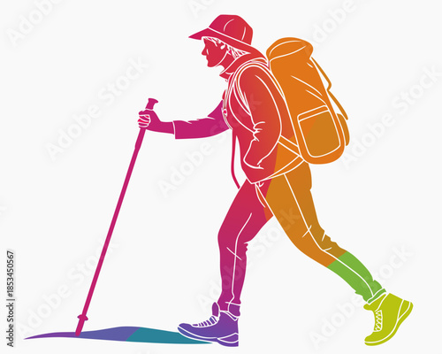Person hiking with walking stick silhouette vector illustration isolated on white background