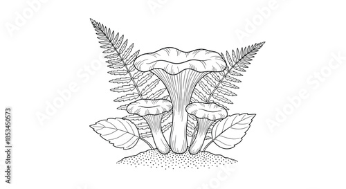 Black and white vintage-style illustration of chanterelle mushrooms growing in a cluster with fern and other leaves behind them.