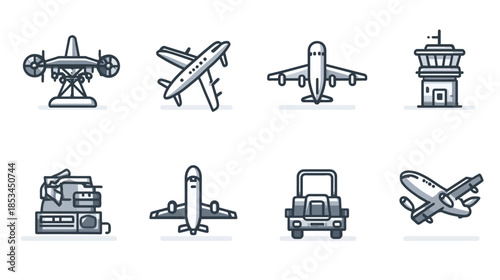 Aviation and Airport Icons Set. Monochrome Line Art Collection of Travel, Flight, and Transport Symbols, including Airplanes, Control Tower, and Baggage.