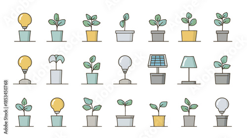 Eco-friendly growth and innovation icon set: potted plants, sprouting seedlings, bright lightbulbs, and solar panel illustrations.
