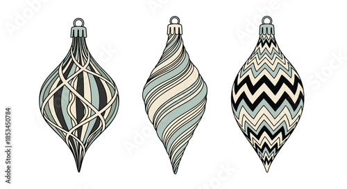 Collection of three hand-drawn vintage Christmas ornaments with intricate retro patterns in muted green, black, and cream colors.