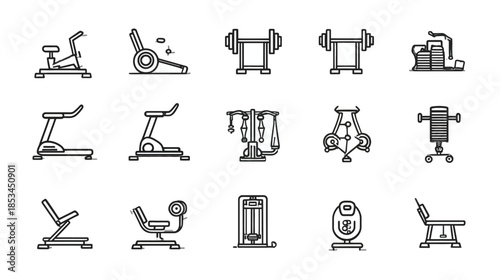 Modern Gym Equipment Line Icons Set for Fitness and Workout. Vector Collection of Exercise Machines and Weights.