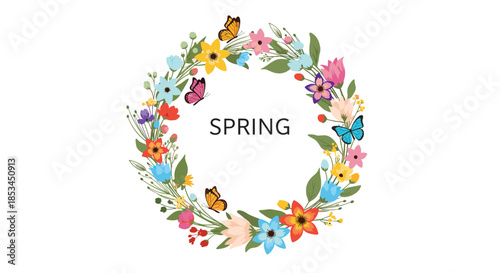 Beautiful spring-themed wreath made of colorful wildflowers and fluttering butterflies with the word 'SPRING' in the center.