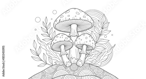 Intricate black and white coloring page featuring three amanita mushrooms on a hill with decorative leaves and abstract background patterns.