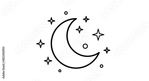 Simple black and white line art of a crescent moon surrounded by twinkling stars and dots, perfect for a minimalist design.