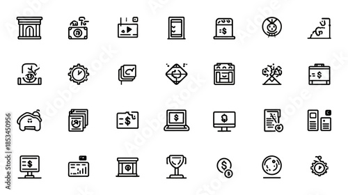 Modern Finance, Banking, and Business Outline Icons Set. Digital Transactions, Investment, Economy, and Technology Concepts.