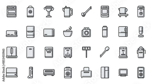 Modern line art vector icon set of diverse household appliances, kitchenware, and electronic devices for home and office use.