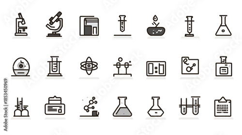 Science and research vector line icons set. Laboratory equipment, chemistry, biology, and education symbols collection.
