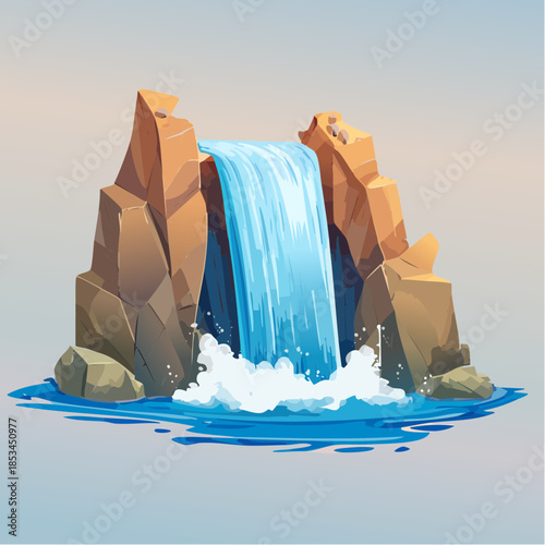 Cartoon waterfall cascading between rocky cliffs into a pool of water.