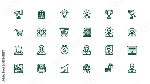 Business, Marketing, and Finance Line Icons Vector Set. Collection of thin line symbols for strategy, success, and analytics.