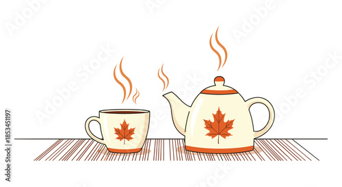 Charming illustration of a steaming teapot and a matching cup of hot tea, both decorated with a red Canadian maple leaf emblem.