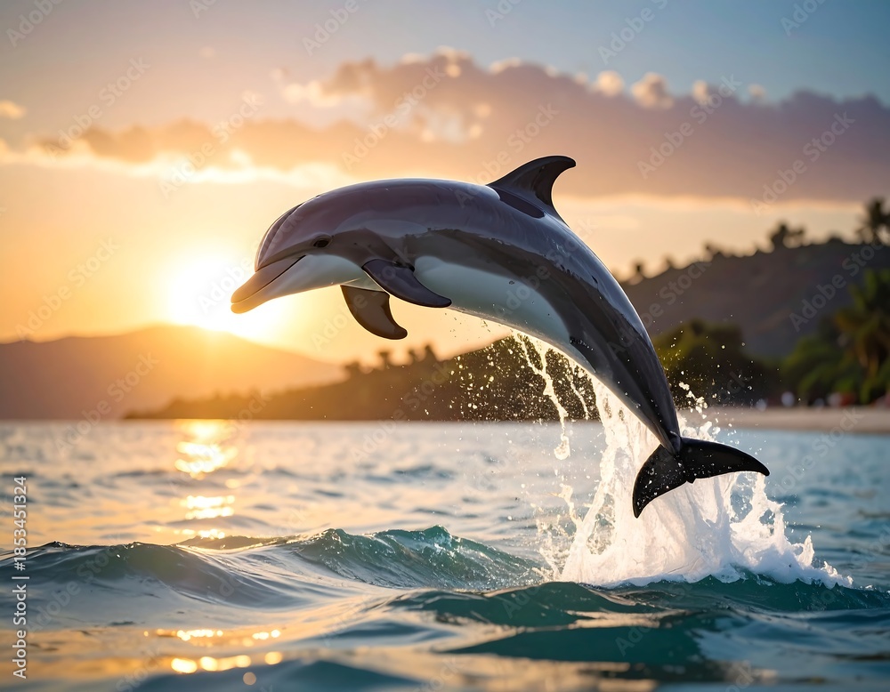 Fototapeta premium A jumping dolphin against a sunset over tropical water