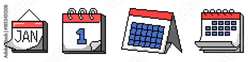 Set of pixel calendar vector for scheduling apps and retro interfaces. Ideal for symbolizing dates, deadlines, events, and time management icons.