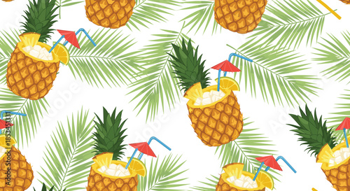Refreshing seamless summer pattern of tropical pineapple cocktails garnished with straws and umbrellas, set against palm leaves.