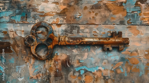 watercolor macro old rusty key on wooden