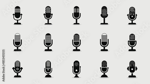 Retro Microphone Icons Set. Vintage style audio recording symbols for broadcast, podcast, music, communication, and sound design.