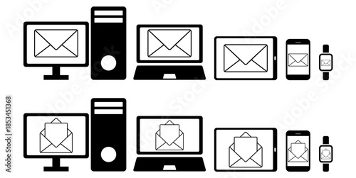 Set of gadget receive mail vector for communication concepts. Ideal for illustrating notifications, digital messages, and responsive device envelopes.