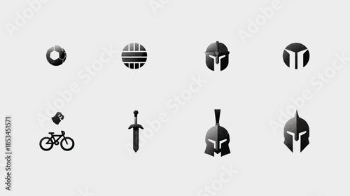 Modern vector icon set featuring warrior helmets, a sword, and sports symbols like a bicycle, ring, and striped ball design
