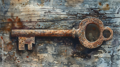 watercolor macro old rusty key on wooden