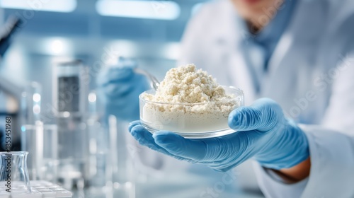 Scientist presenting alternative protein powder sample in laboratory workspace with analytic tools in the background. Sustainable nutrition development, perfect for future food and biotech research.