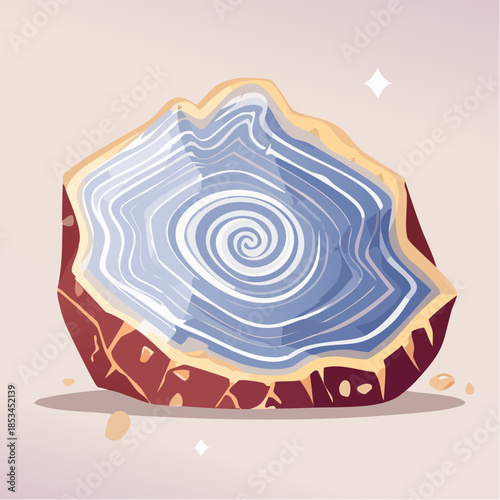 A geode with a blue and white spiral pattern, surrounded by a brown and gold outer layer, resting on a light tan surface.