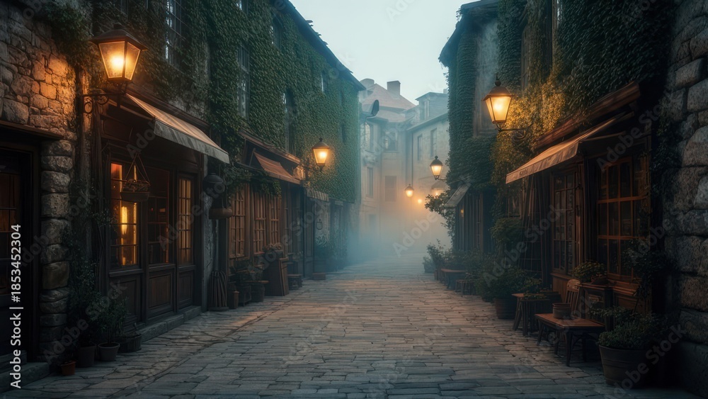 Fototapeta premium Mysterious Cobblestone Alleyway at Dusk with Glowing Lanterns.
