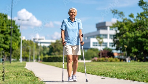 Active Senior Woman Walking with Crutches in a Park.