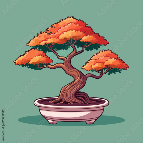 Cartoon illustration of a bonsai tree with orange leaves in a white pot against a green background.