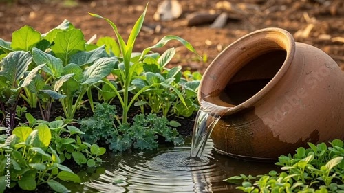 Water flowing from a clay pot into a small pond surrounded by lush green plants in a garden