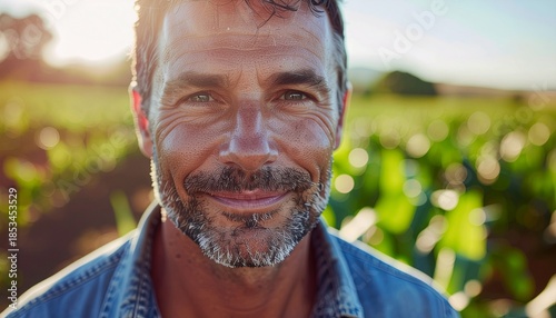 Portrait of a smiling agriculturalist: A close-up shot of a mature agriculturalist, his face etched with the wisdom of the land and the warmth of a genuine smile, stands amid a vibrant field.