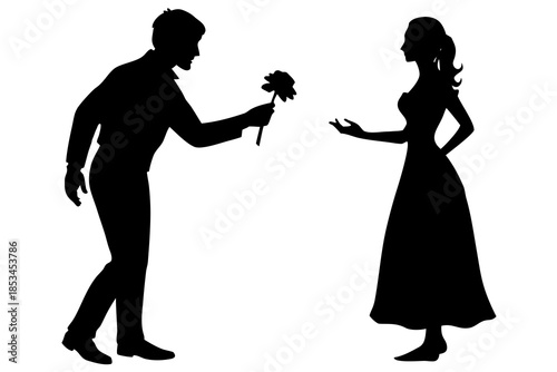 Man giving flower to woman silhouette vector illustration isolated on white background