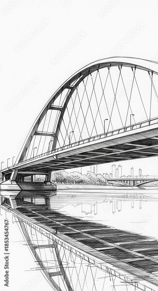 Obraz premium Sketched cityscape bridge reflected in tranquil river monochrome artistic depiction