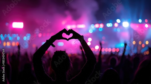 Crowd of Audience at during a concert with silhouette of a heart shaped hands shadow, light illuminated is power of music concert