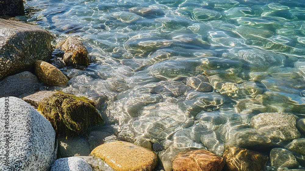 Obraz premium Clear water reveals submerged rocks creating a serene and natural scene