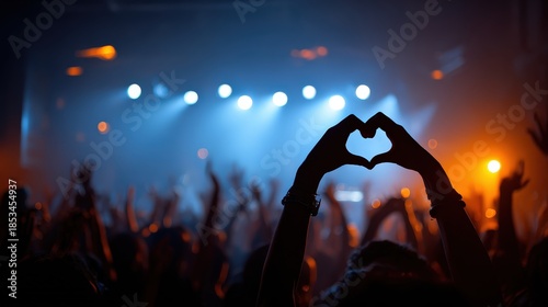 Crowd of Audience at during a concert with silhouette of a heart shaped hands shadow, light illuminated is power of music concert