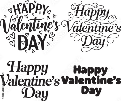 Bold bubble font happy valentine day text and intricate script swirls with scattered heart patterns for playful invitations