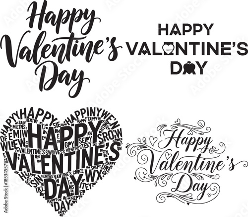 Ornate happy valentine day script with word cloud heart shape and decorative swirl patterns for vintage holiday aesthetics
