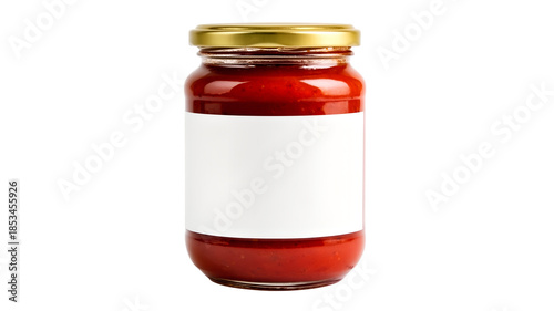 Clear glass jar filled with red sauce and a blank label on a black background isolated on transparent background