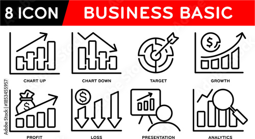 Business Icon Set Chart up, Chart down, Target ,Growth ,Profit ,Loss, Presentation, Analytics. Vector illustration,