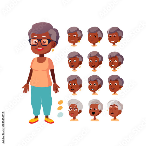 Elderly African American woman character constructor for animation with various views, poses, gestures, hairstyles and emotions. Cartoon old woman, grandma parts of body ready to use poses. ... See Mo