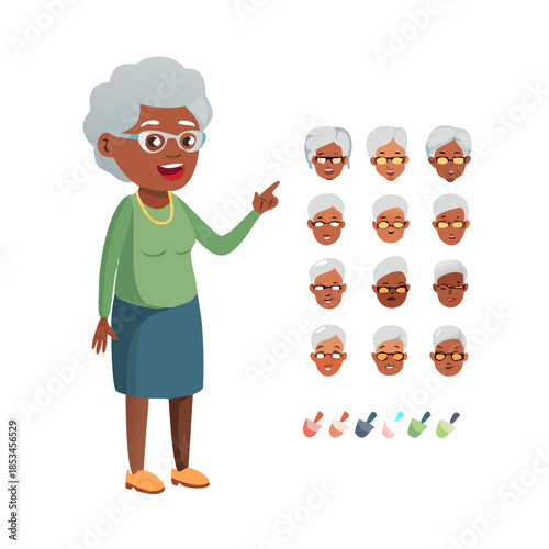 Elderly African American woman character constructor for animation with various views, poses, gestures, hairstyles and emotions. Cartoon old woman, grandma parts of body ready to use poses. ... See Mo