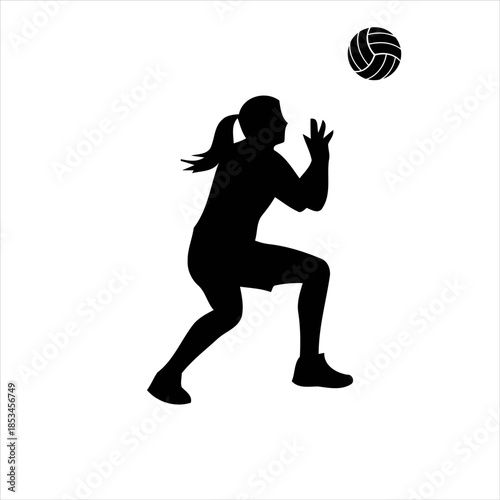 Volleyball silhouette icon set featuring players in various action poses, net, ball, trophy, and logo elements. Perfect for sports design, posters, branding, and digital projects.
