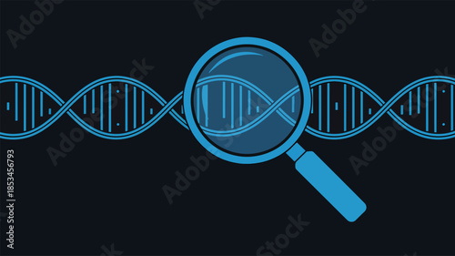 Blue D N A helix magnified by magnifying glass on dark background