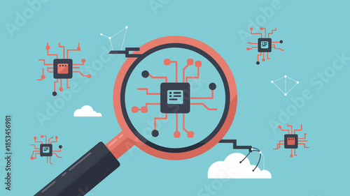 Magnifying glass over circuit board chip with connected elements