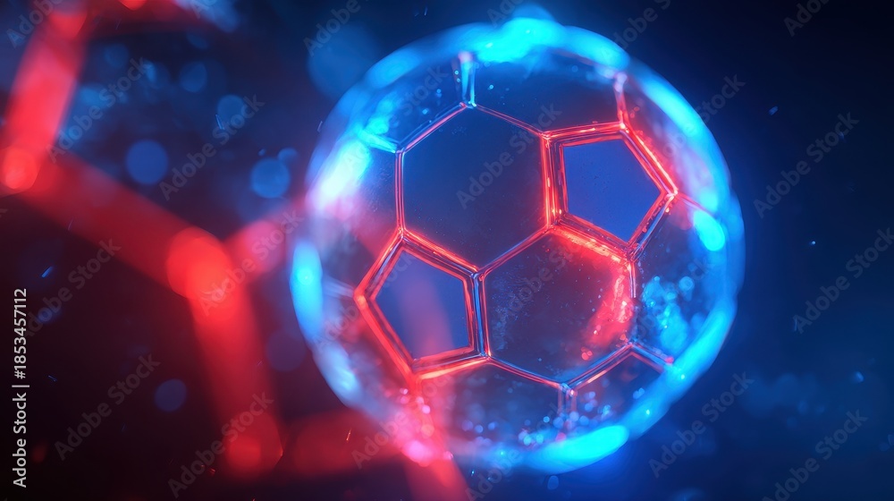 Fototapeta premium Futuristic digital soccer ball glowing with neon blue and red lights on dark bokeh background.