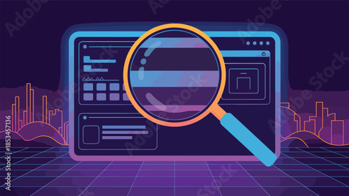 Magnifying glass over digital interface with neon city skyline