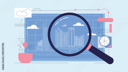 Magnifying glass over blueprint of city skyscrapers and clouds